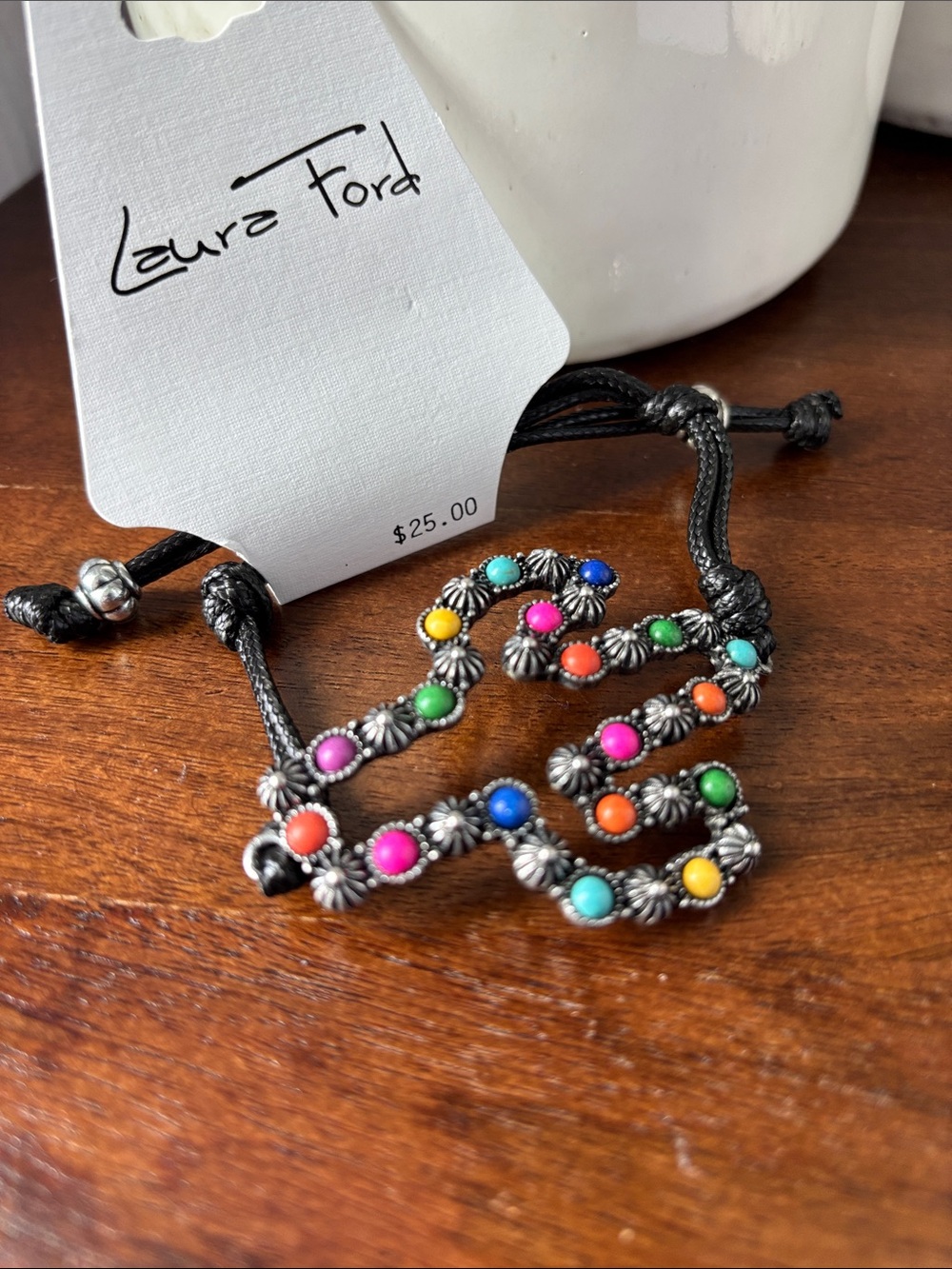 Laura Ford Cactus multicolor stones, adjustable knot black cord,trendy-Western